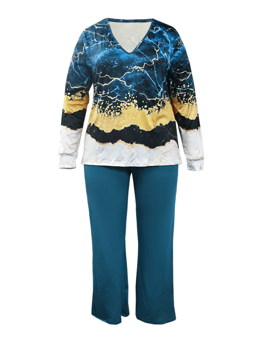 V Neck Mixed Print Side Split Pants Set Long Sleeve Top Loose Two Piece Set Outfit