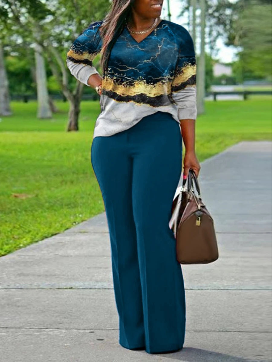 V Neck Mixed Print Side Split Pants Set Long Sleeve Top Loose Two Piece Set Outfit