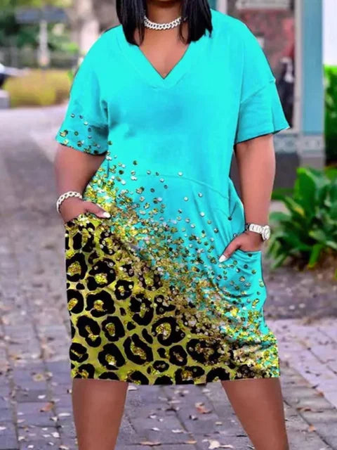 Imitation Denim V Neck Pocket Design Dress ’s T-shirt Summer Loose Dress Vestidos
