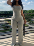 Printed Color Suspender Jumpsuit Round Neck Sleeveless Jumpsuit Basic Outfits