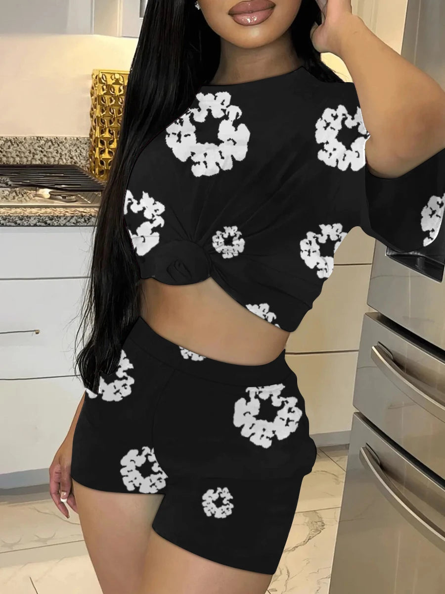 Round Neck Print Shorts Set New in Flower Print Short Sleeve Two Piece Pants Set Daily Matching Suit for – Print Two Piece Pants Set