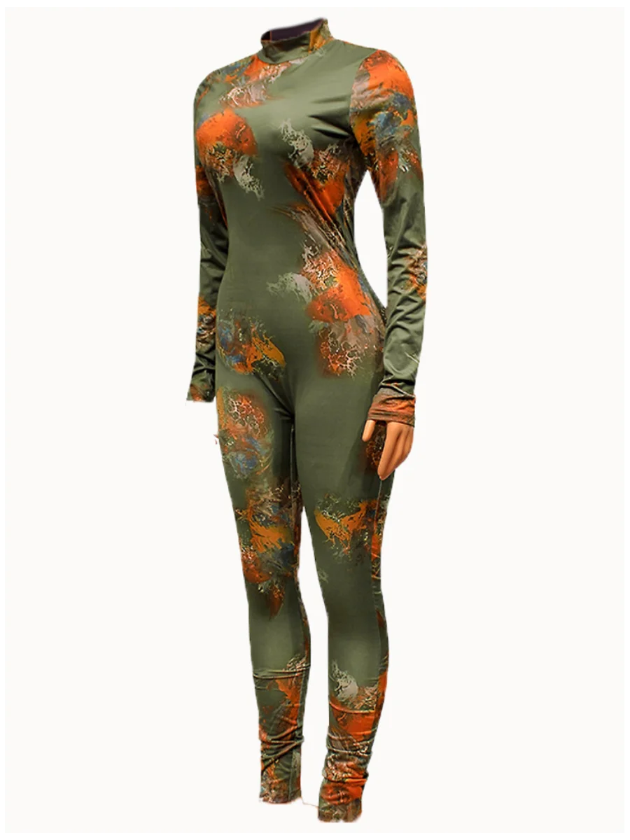 Sxy Graffiti Print Backless Skinny Jumpsuit Spring Round Neck Long Sleeve One Pieces Jumpsuits Outfit for