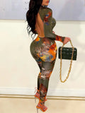 Sxy Graffiti Print Backless Skinny Jumpsuit Spring Round Neck Long Sleeve One Pieces Jumpsuits Outfit for