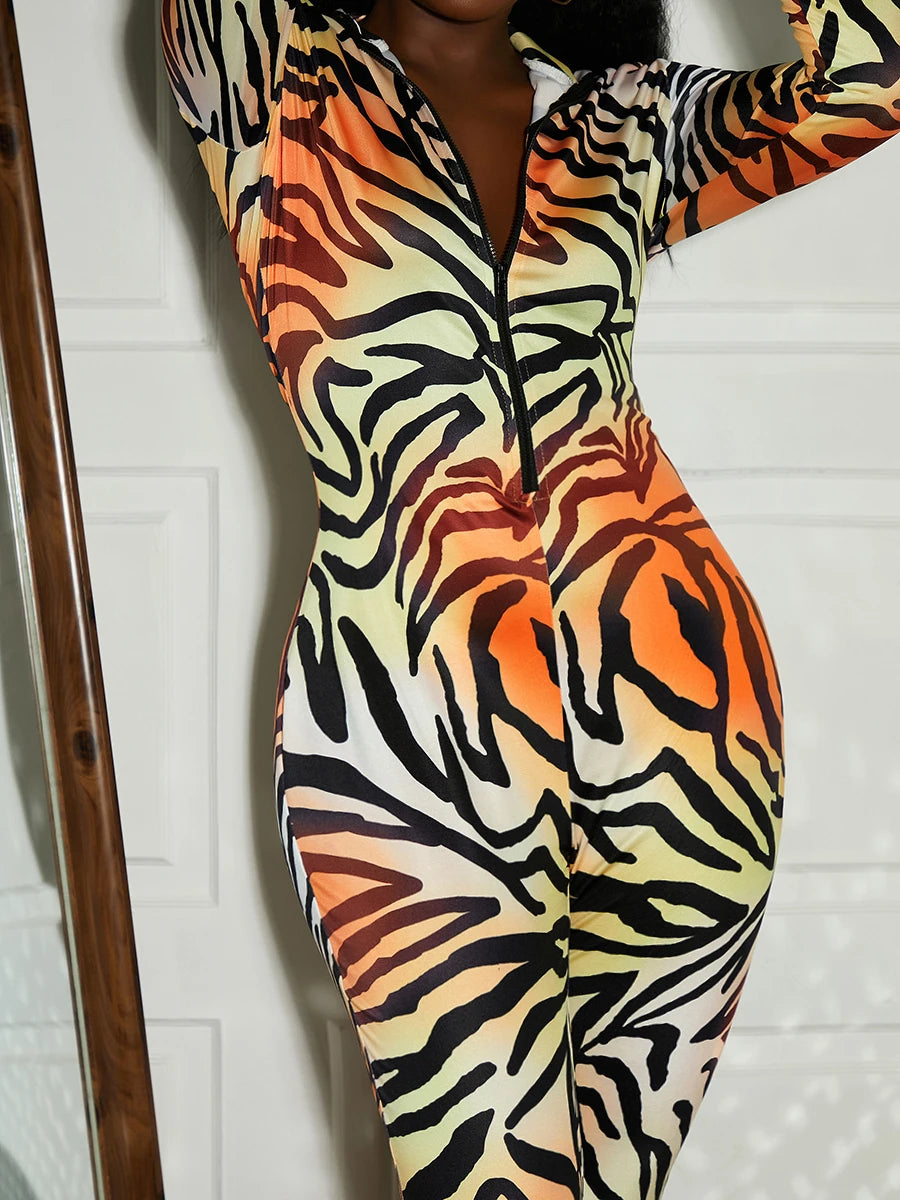 Sxy Leopard Print Jumpsuits Autumn Winter Zipper Mandarin Collar Long Sleeve One Pieces Suits