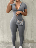 Spring Summer V-neck Long Sleeve Zipper Skinny Sportswear Jumpsuit