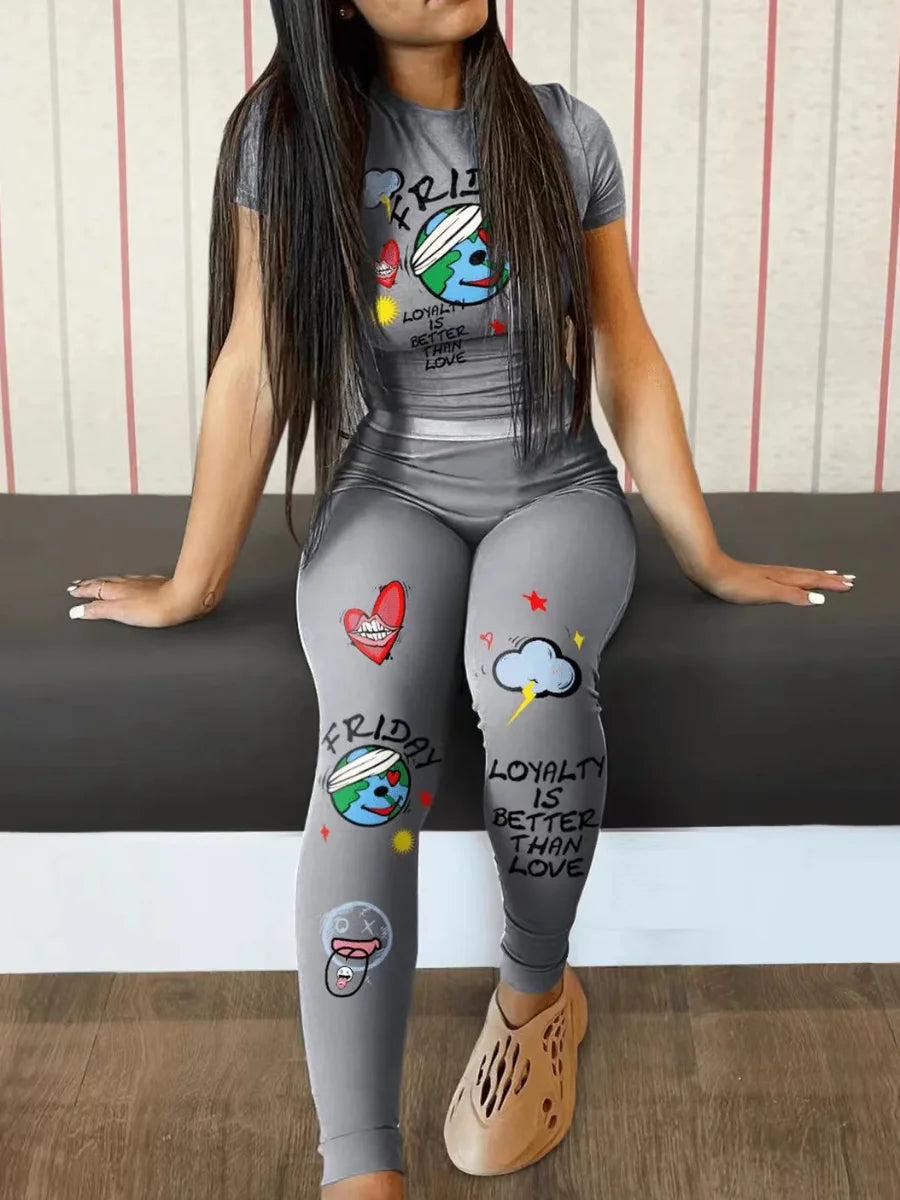 Two Piece Sets Outfits Round Neck High Stretch Short Sleeve Letter Print Skinny Patchwork Pencil Pants Set