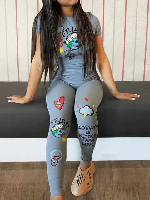 Two Piece Sets Outfits Round Neck High Stretch Short Sleeve Letter Print Skinny Patchwork Pencil Pants Set