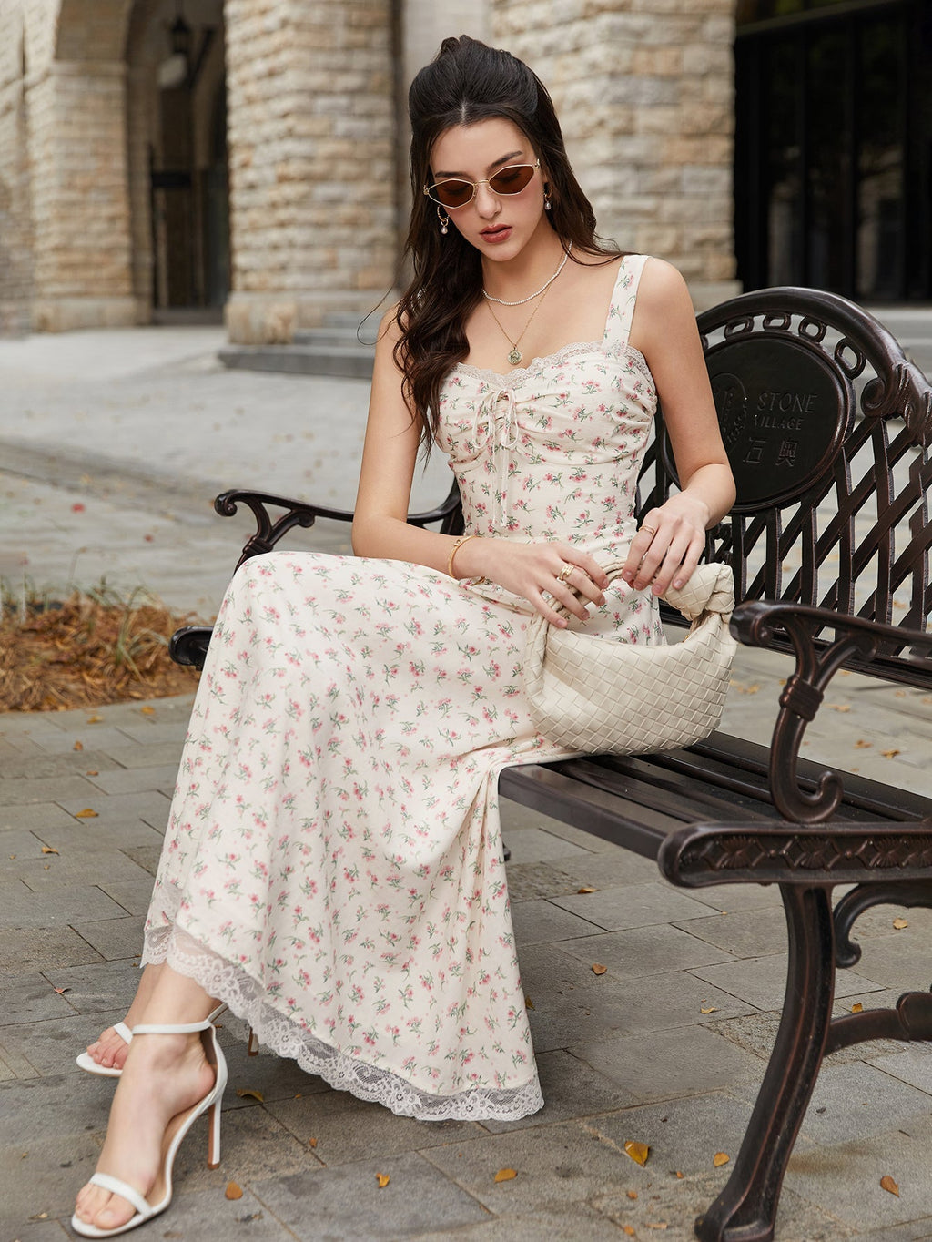 Lace Spliced Tie Front Print Maxi Dress