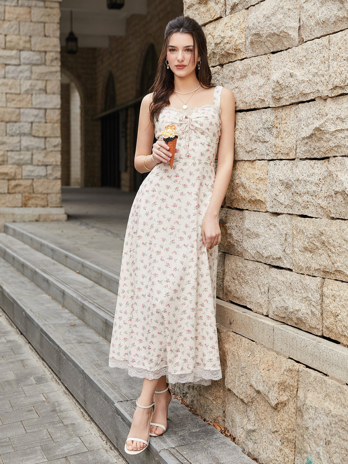 Lace Spliced Tie Front Print Maxi Dress