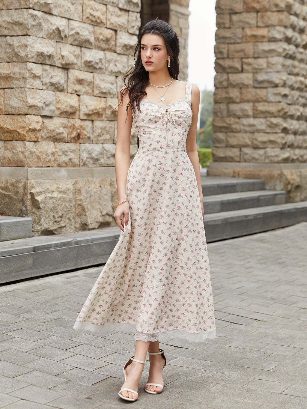 Lace Spliced Tie Front Print Maxi Dress