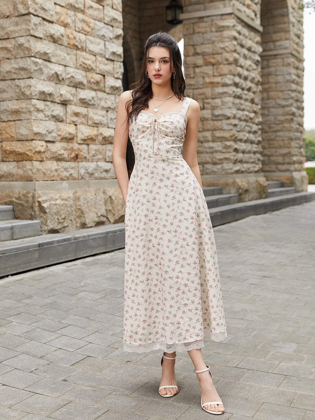 Lace Spliced Tie Front Print Maxi Dress