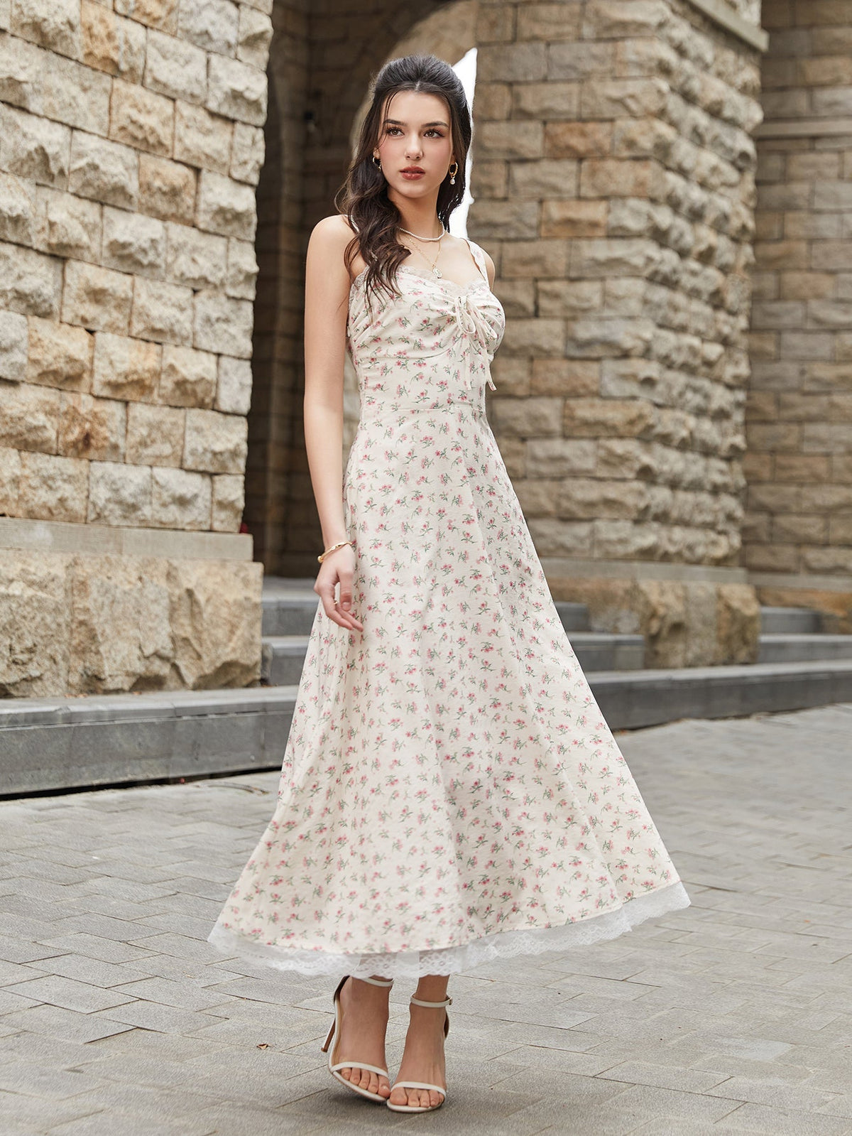 Lace Spliced Tie Front Print Maxi Dress