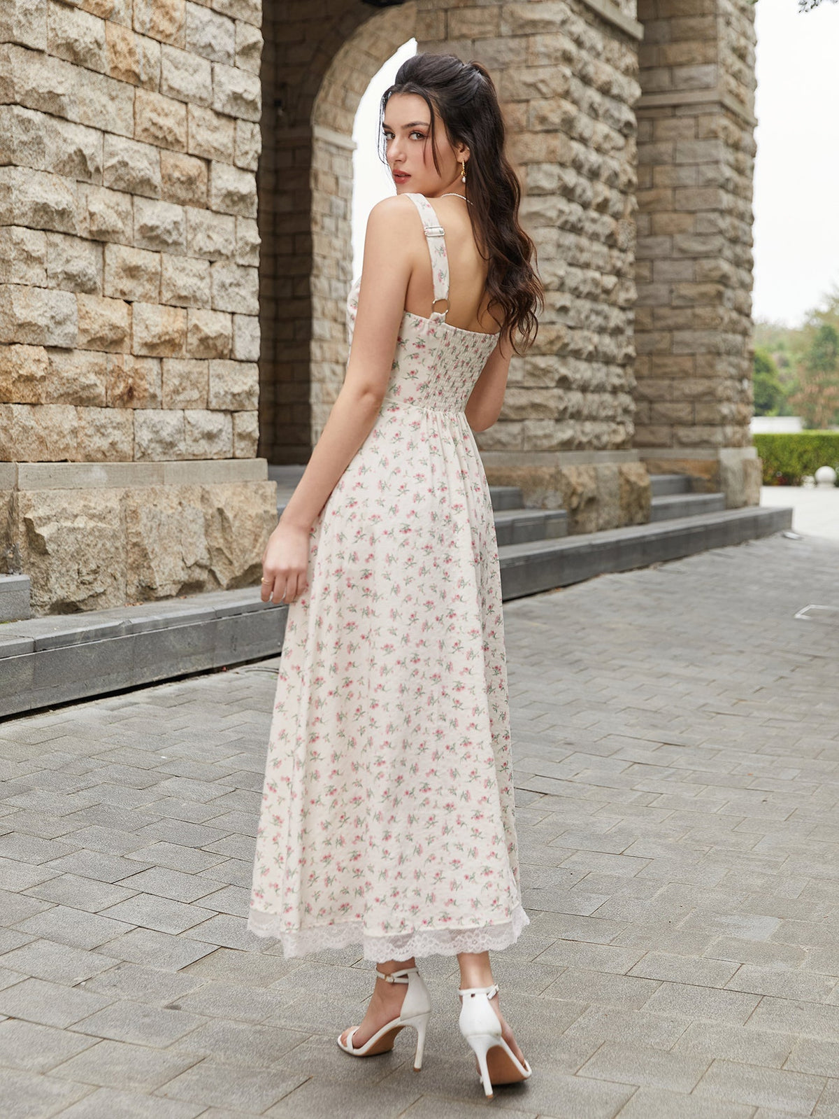 Lace Spliced Tie Front Print Maxi Dress
