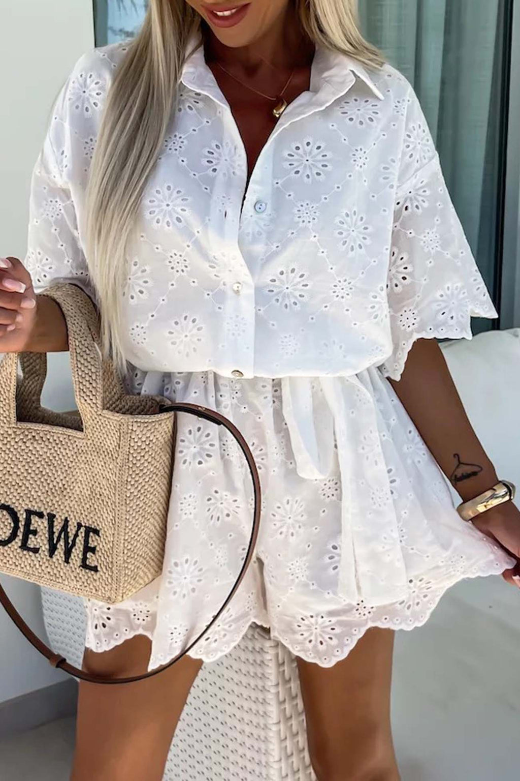 Lapel Embroidery Tie-waist Rompers