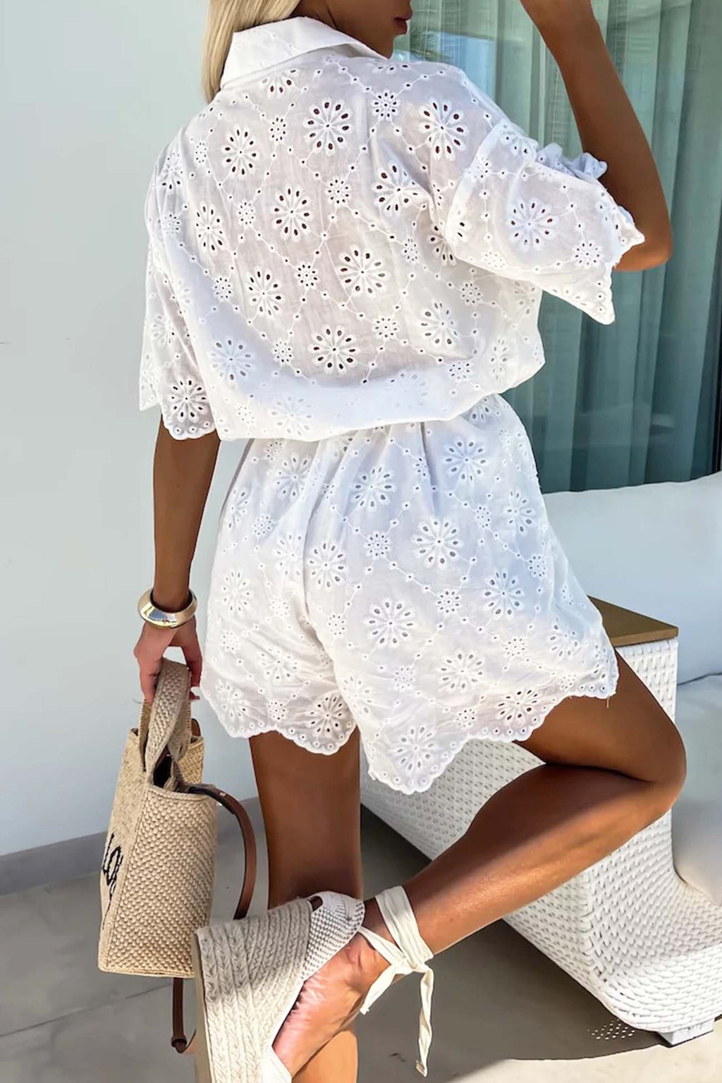 Lapel Embroidery Tie-waist Rompers