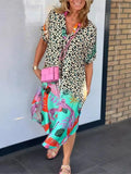 Leopard Print Patchwork Dresses V-neck Short Sleeves Pocket Loose Slit Midi Dress Lady Vestidos Summer New