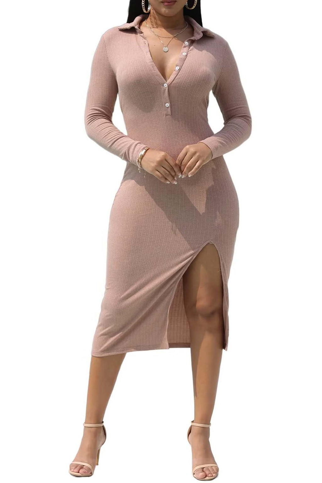 Ribbed Back Tie High Split Midi Dress