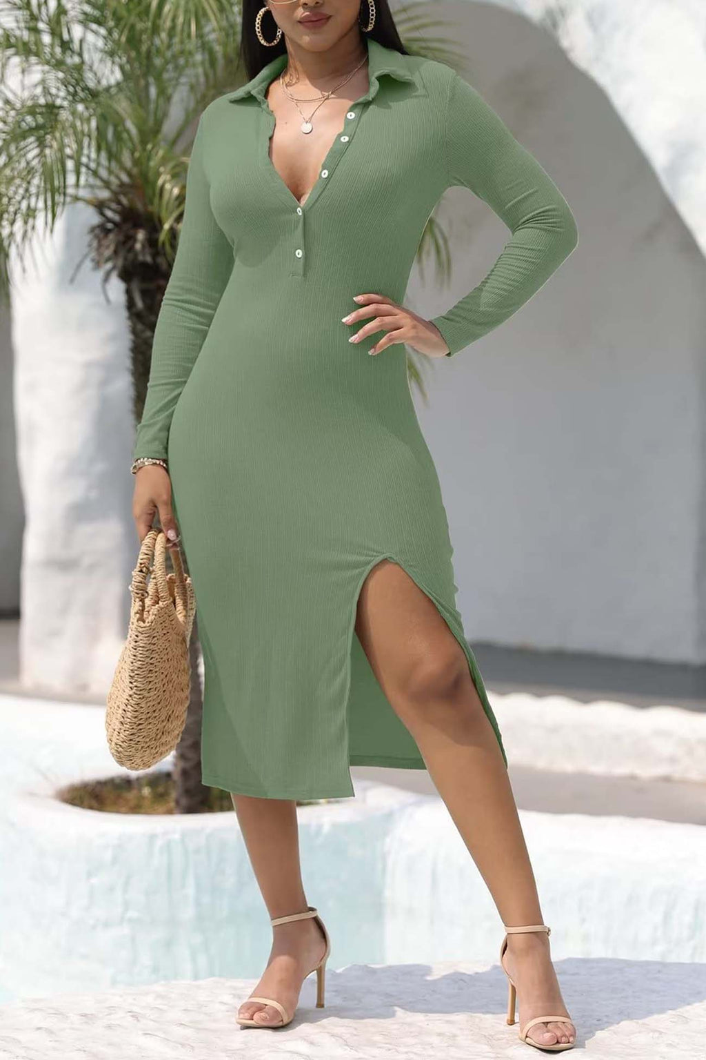 Ribbed Back Tie High Split Midi Dress