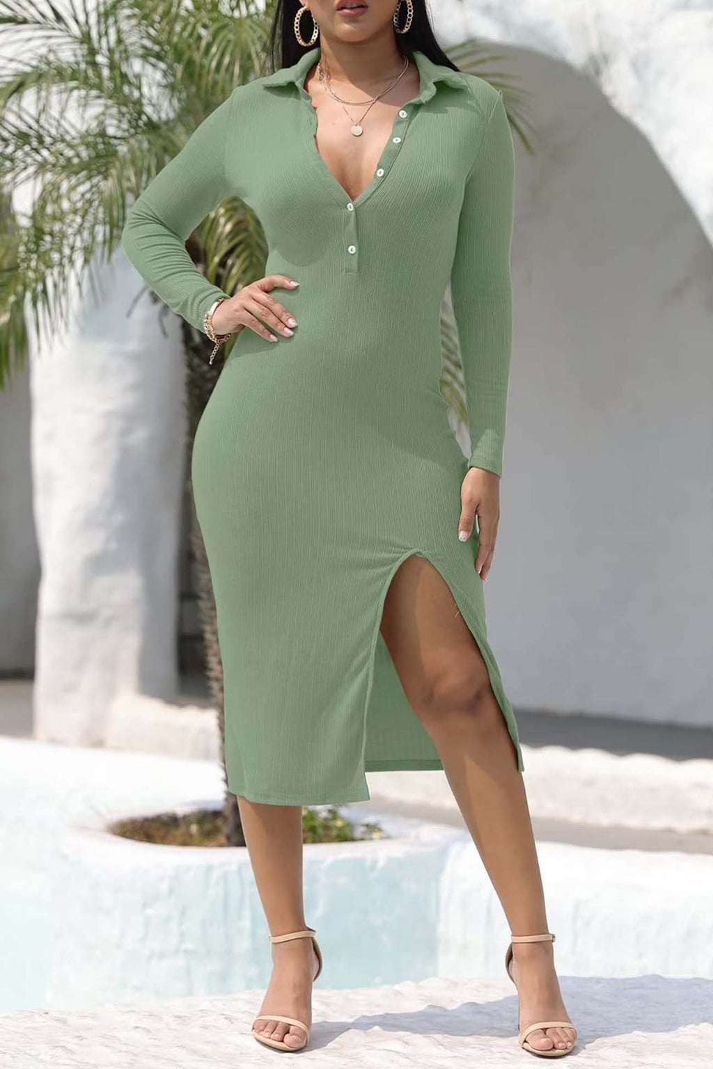 Ribbed Back Tie High Split Midi Dress