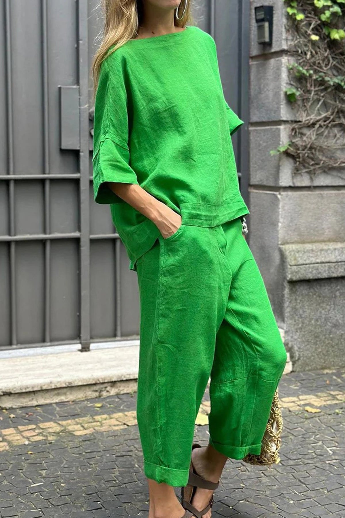 Linen Crew Neck T-shirt Two-piece Set
