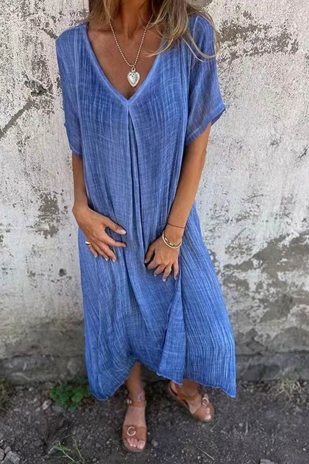 Cotton V Neck Midi Dress