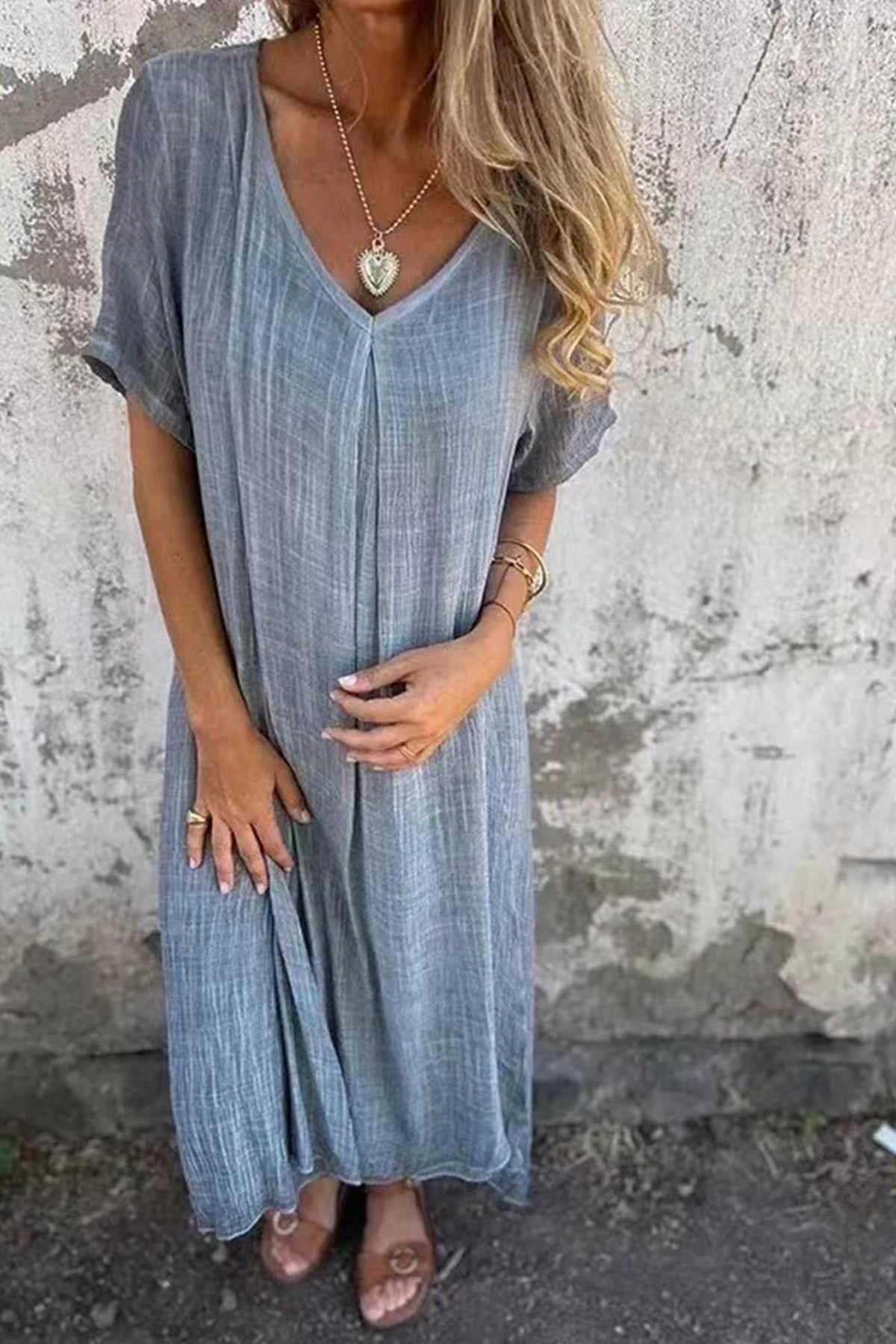 Cotton V Neck Midi Dress