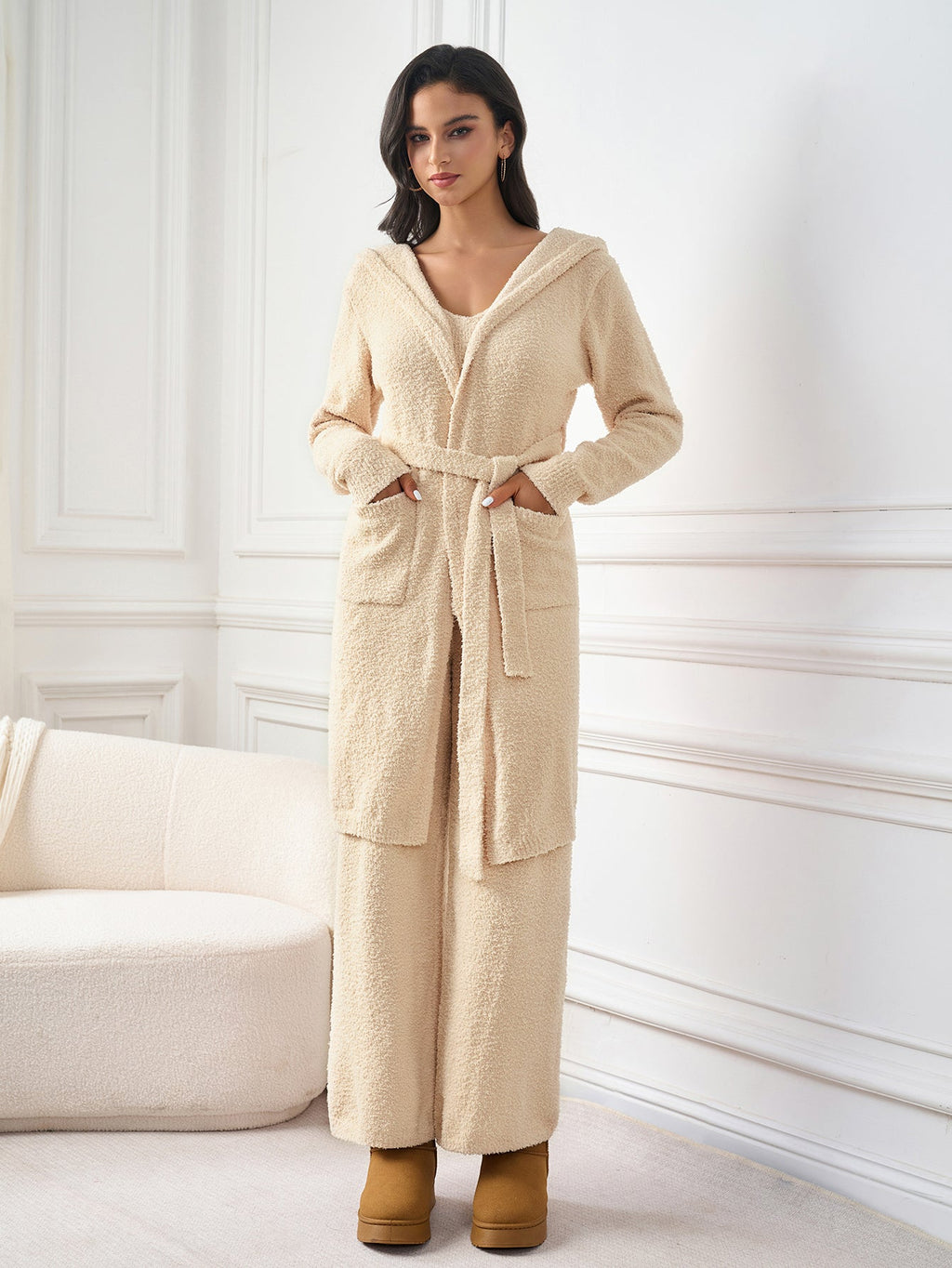 Long Sleeve Pocket Belted Hood Sweater