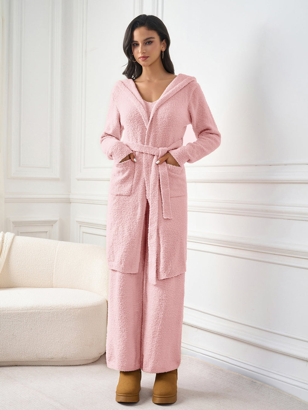 Long Sleeve Pocket Belted Hood Sweater