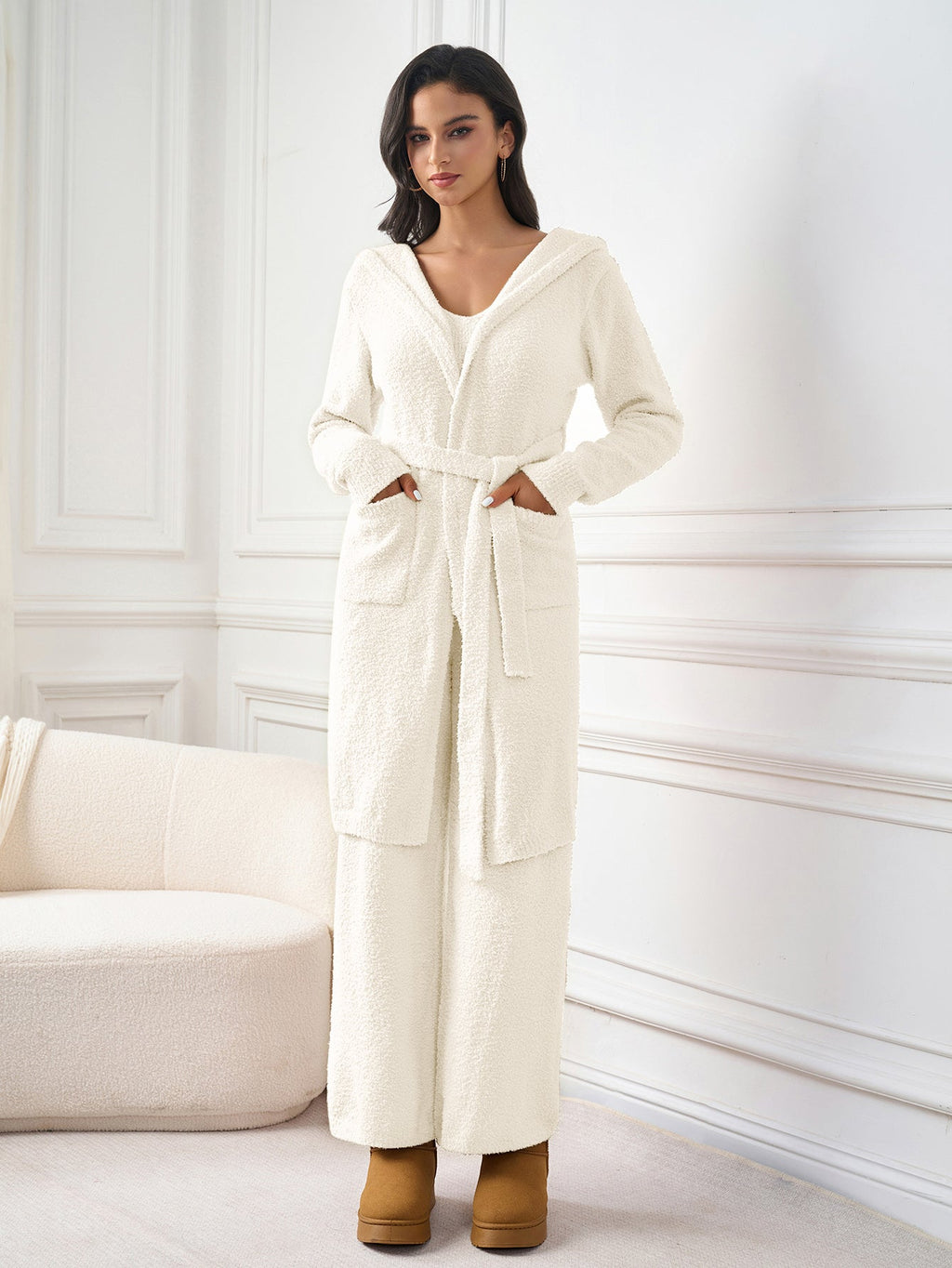 Long Sleeve Pocket Belted Hood Sweater