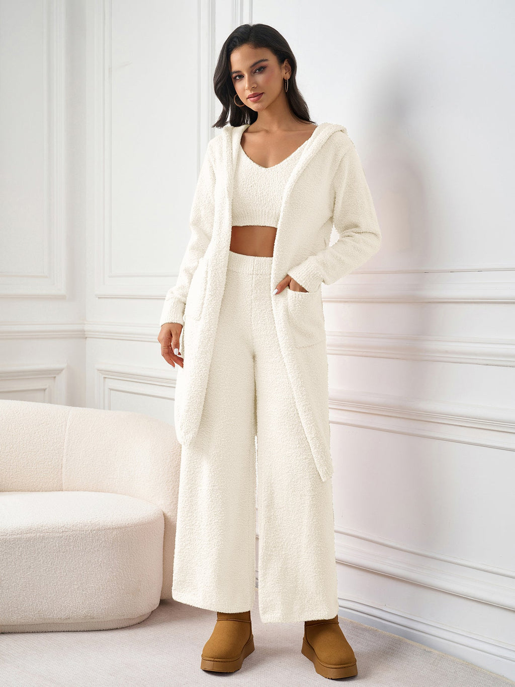 Long Sleeve Pocket Belted Hood Sweater