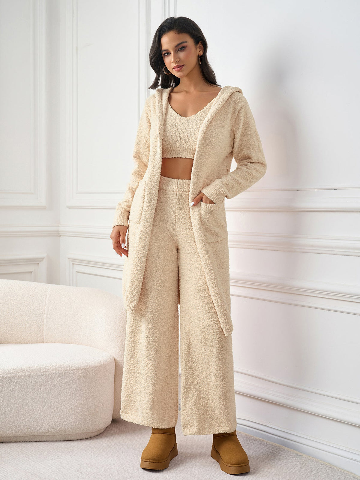 Long Sleeve Pocket Belted Hood Sweater