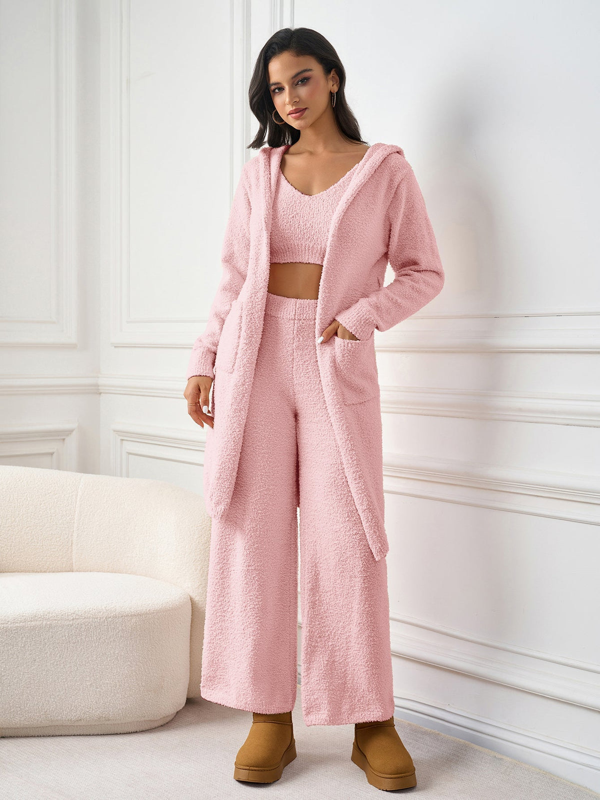 Long Sleeve Pocket Belted Hood Sweater
