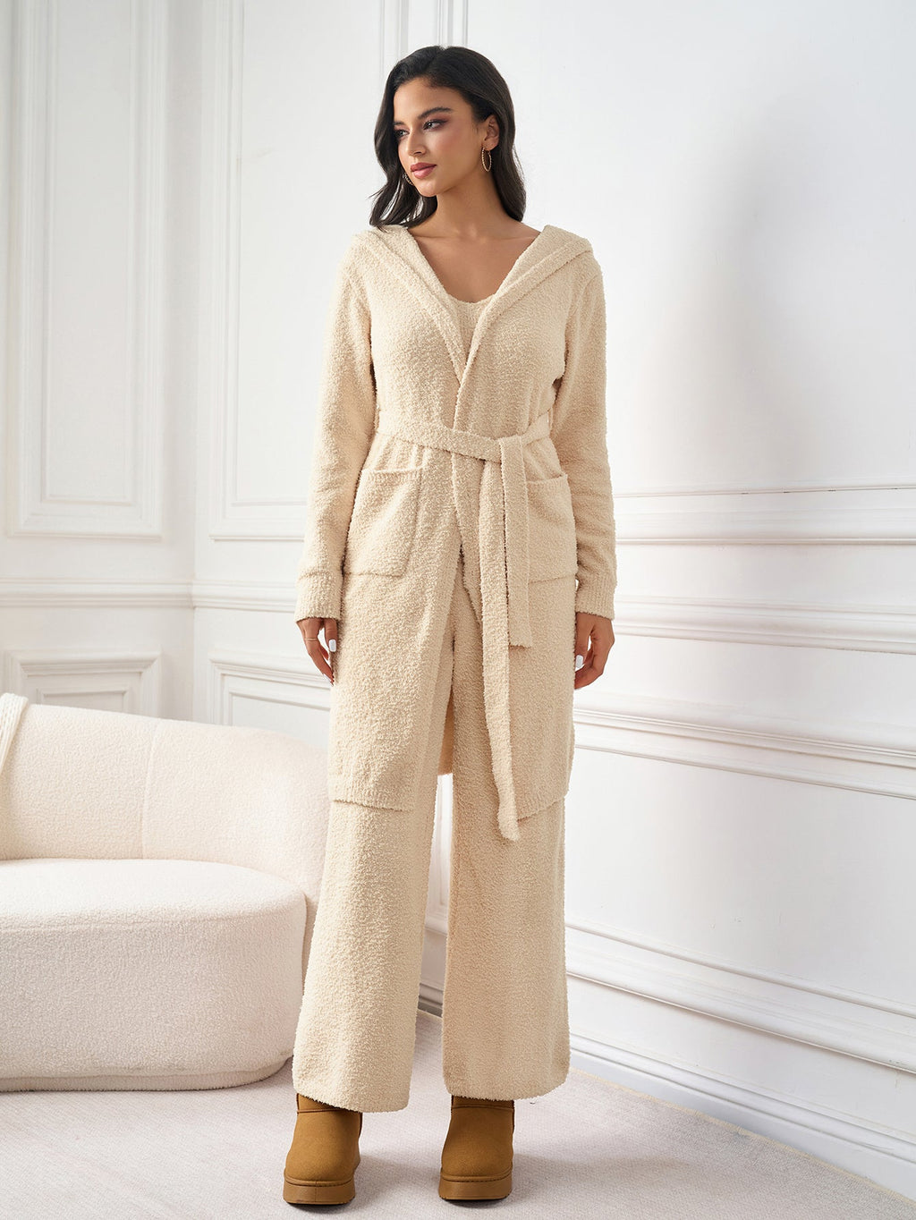Long Sleeve Pocket Belted Hood Sweater