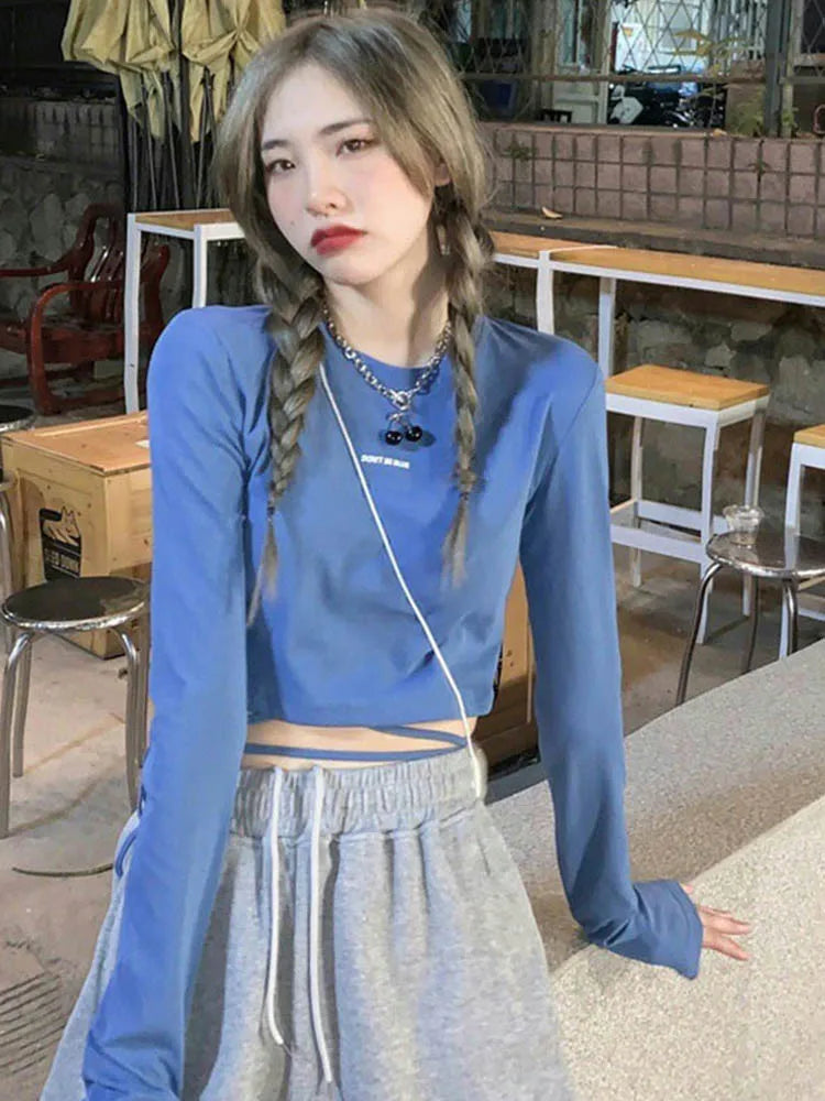 Long Sleeve T-shirts Design Crop Ins Prevalent Bandage Tops Harajuku Ulzzang Street Spring Female Ropa Hot Skinny New