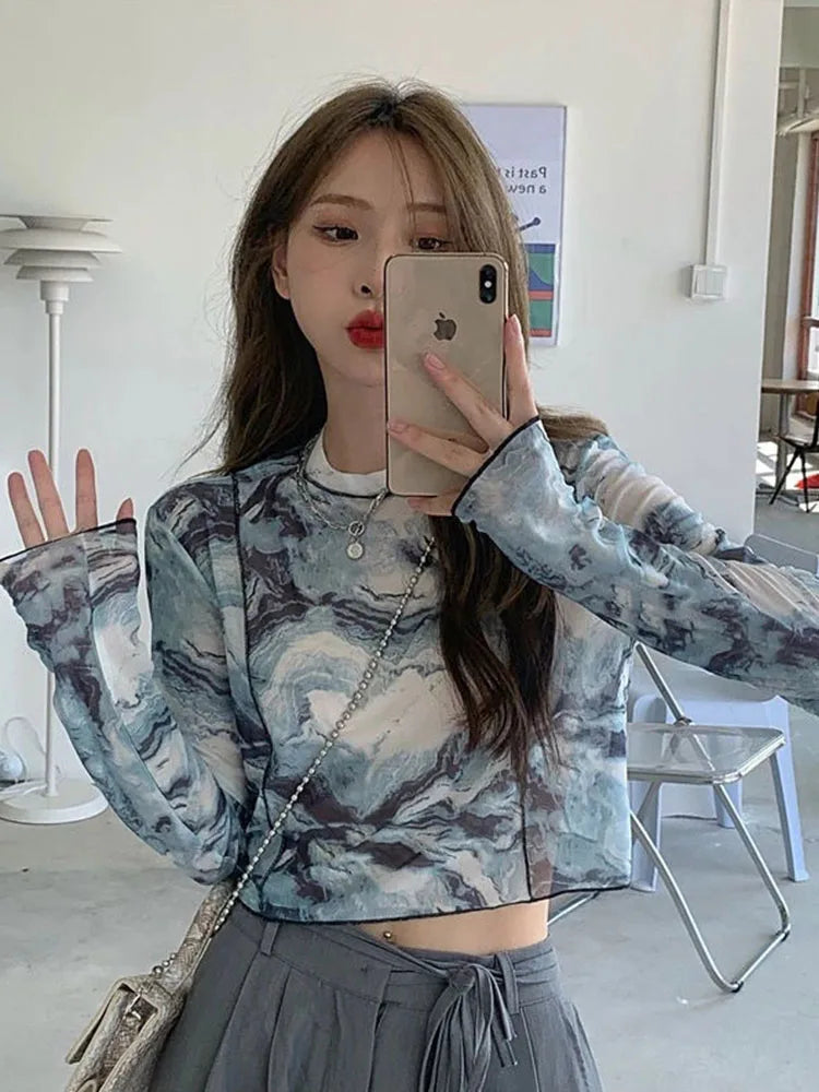 Long Sleeve T-shirts Tie-dye Printed Summer Sun-proof Cropped Tops High Street Gauze Korean Style Teens Retro