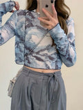 Long Sleeve T-shirts Tie-dye Printed Summer Sun-proof Cropped Tops High Street Gauze Korean Style Teens Retro