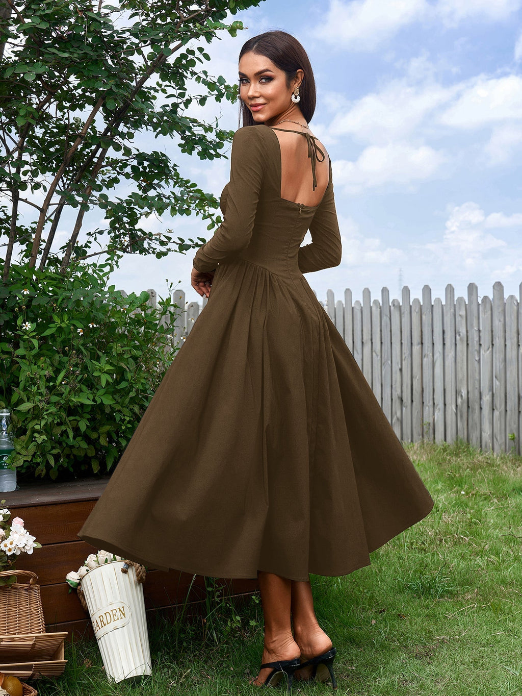 Long Sleeve Tie Back A-line Dress