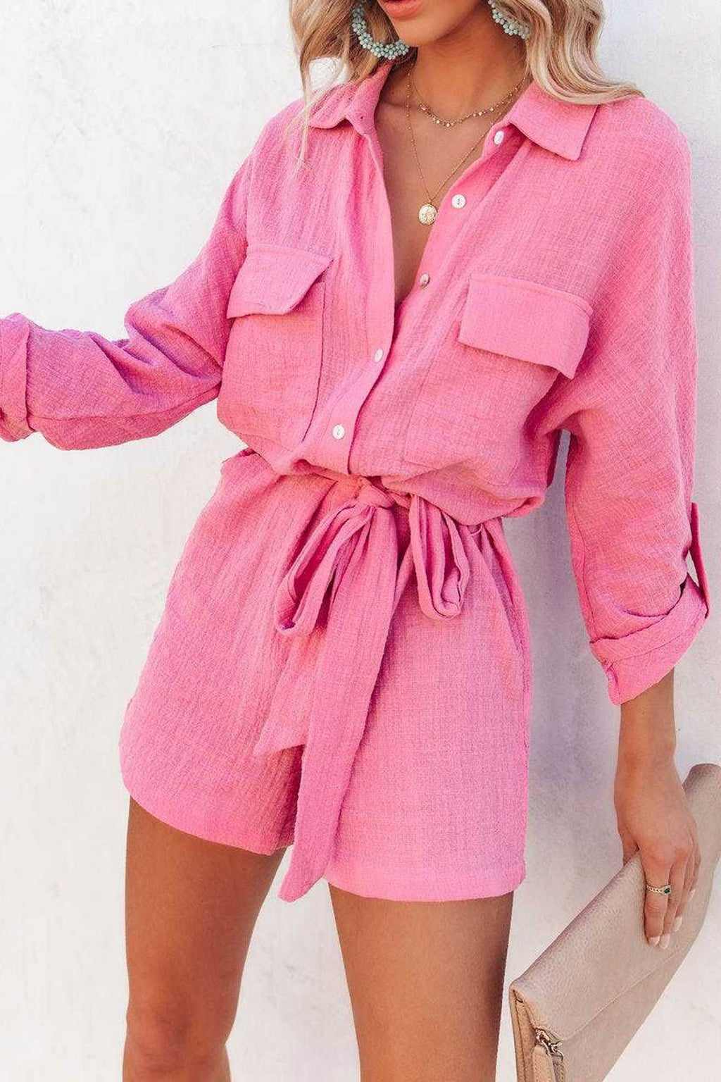 Long Sleeve Tie-waist Shirt Rompers