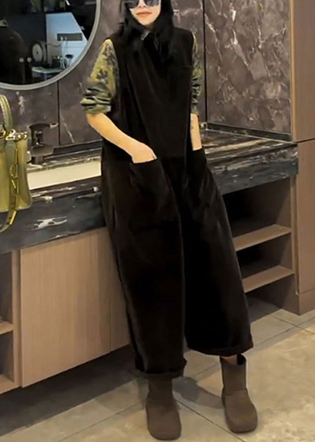 Loose Black Pockets High Waist Silk Velvet Jumpsuits Sleeveless Yw026