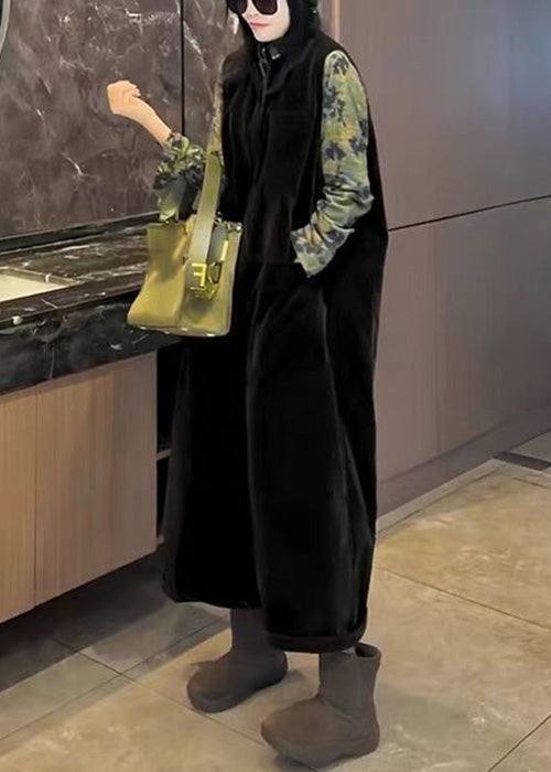 Loose Black Pockets High Waist Silk Velvet Jumpsuits Sleeveless Yw026