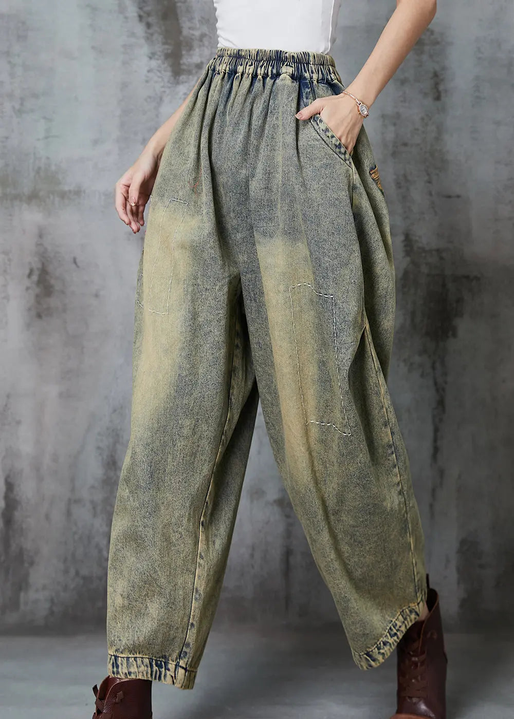Loose Blue Elastic Waist Patchwork Applique Denim Pants Spring F4192