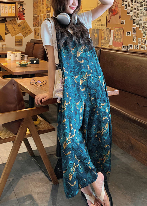 Waist Loose Summer Blue Print High Cotton Pants Jumpsuits