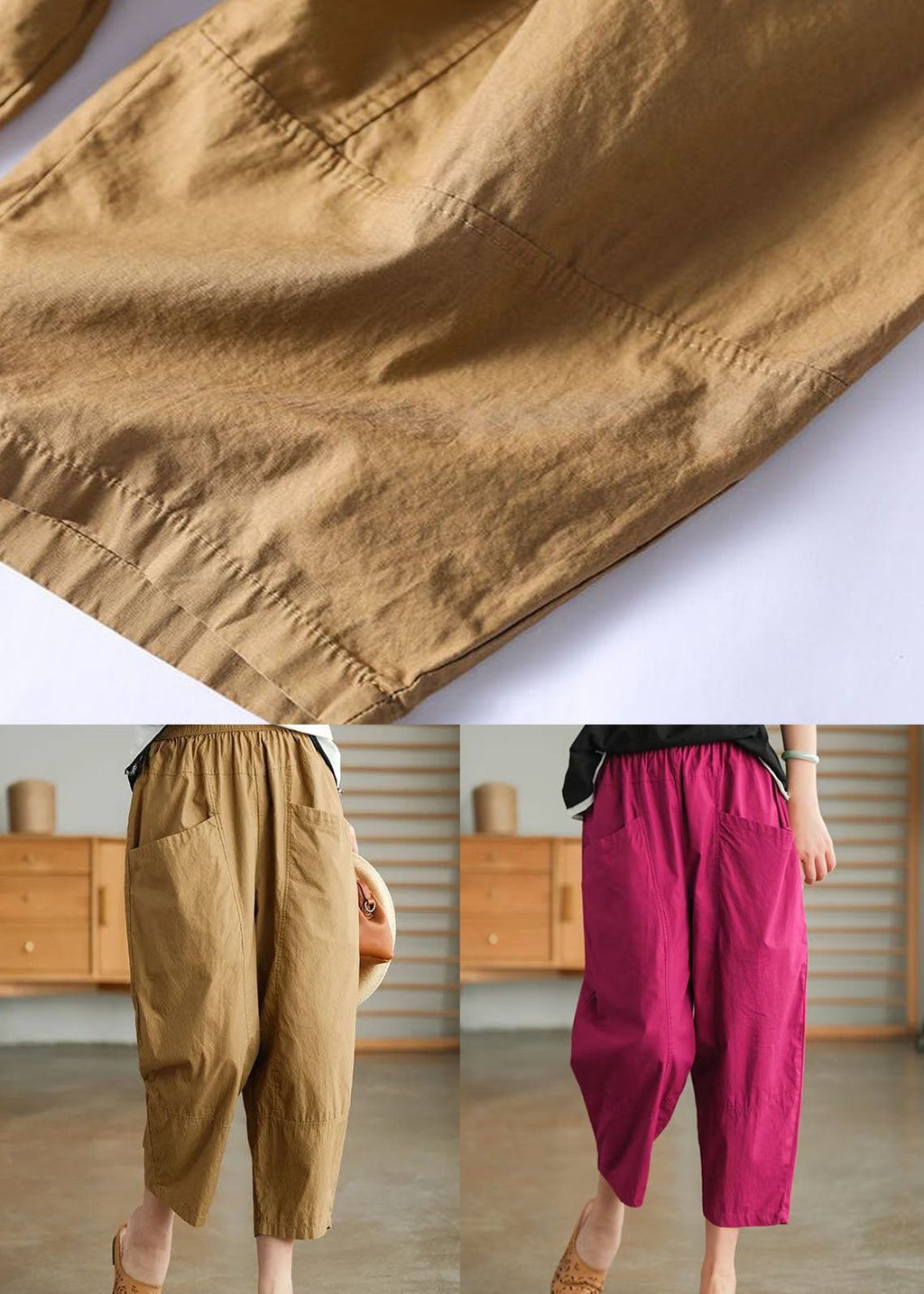 Rose Pockets Patchwork Cotton Pants Elastic Waist Summer Ly0623