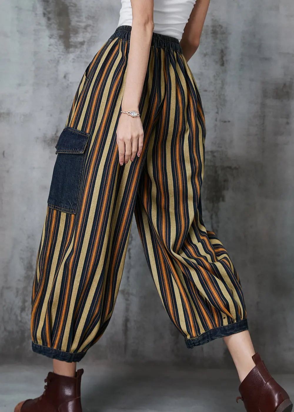 Loose Khaki Striped Patchwork Pockets Denim Pants Spring Jk1046
