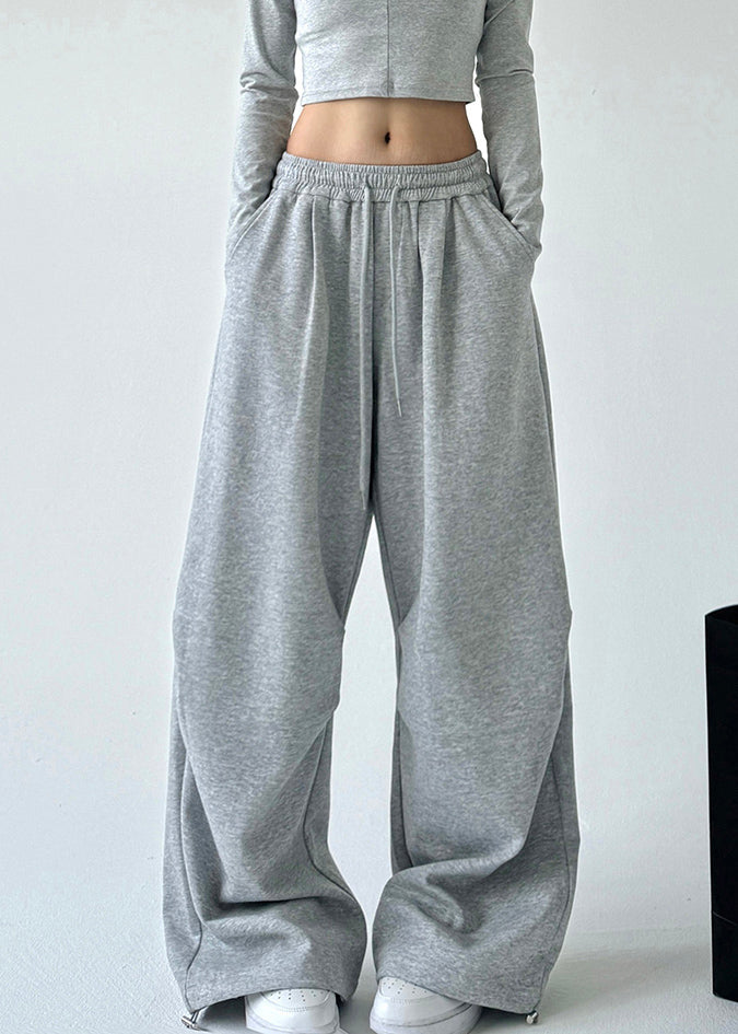 Loose Light Grey Pockets Drawstring Wide Leg Pants Spring Ta066