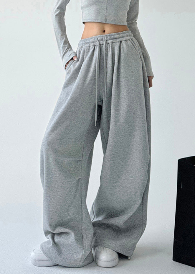 Loose Light Grey Pockets Drawstring Wide Leg Pants Spring Ta066