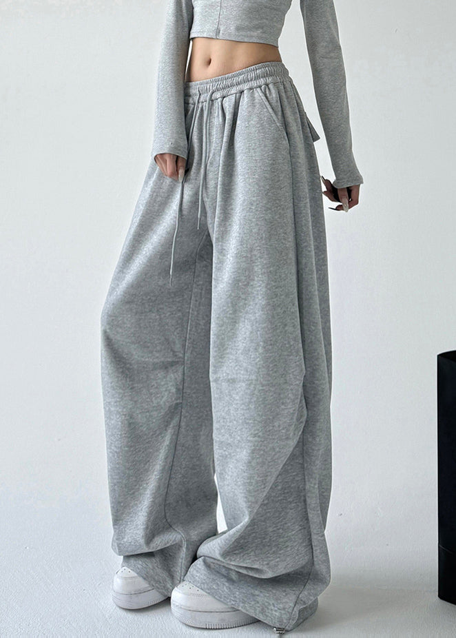 Loose Light Grey Pockets Drawstring Wide Leg Pants Spring Ta066