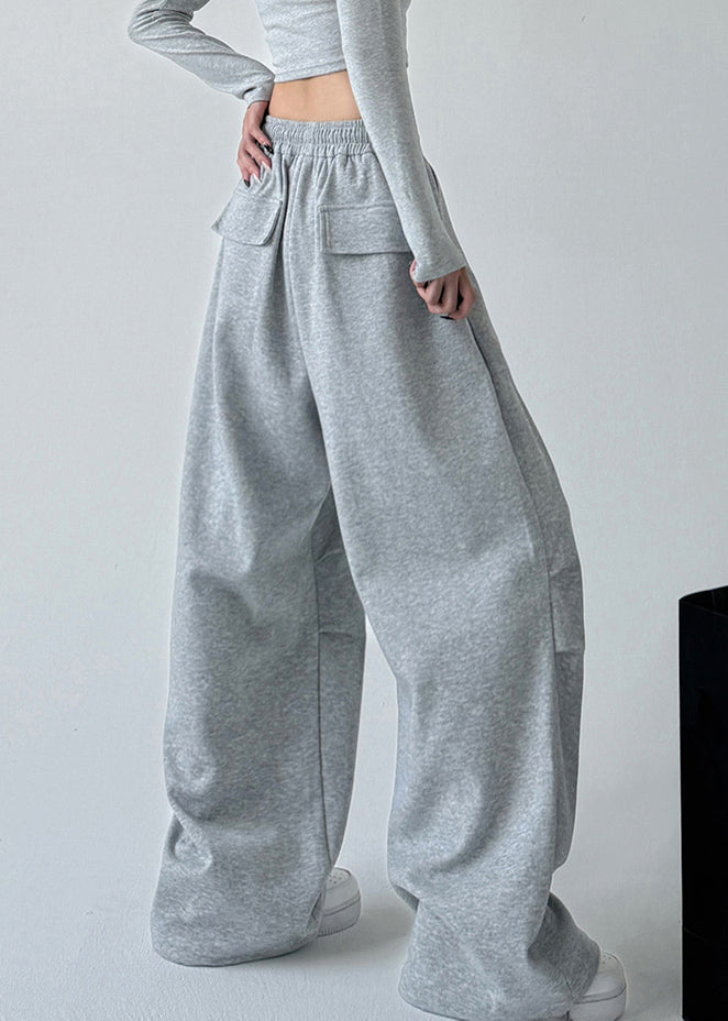 Loose Light Grey Pockets Drawstring Wide Leg Pants Spring Ta066