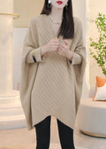 Loose Light Khaki V Neck Cozy Knit Sweater Batwing Sleeve Wm016