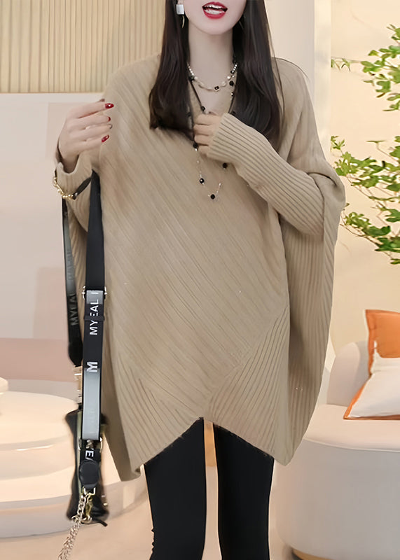 Loose Light Khaki V Neck Cozy Knit Sweater Batwing Sleeve Wm016